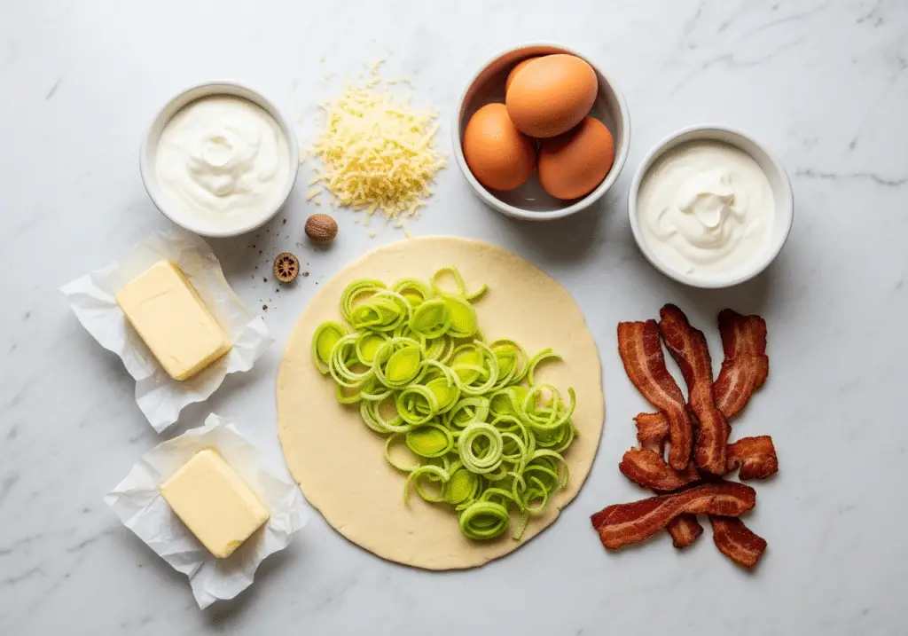 Ingrédients pour tarte poireaux lardons disposés sur marbre blanc