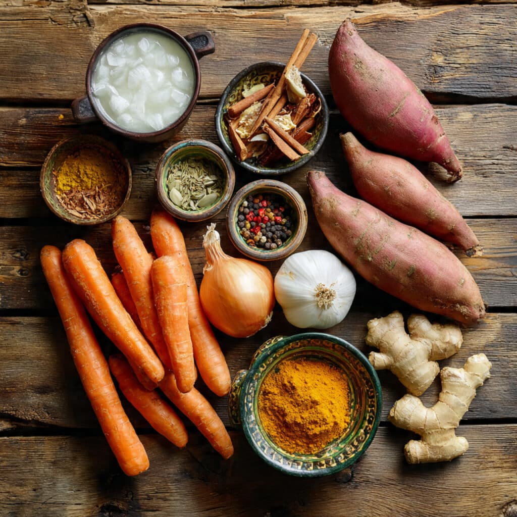 Ingrédients frais pour velouté carottes patate douce curry disposés style automnal