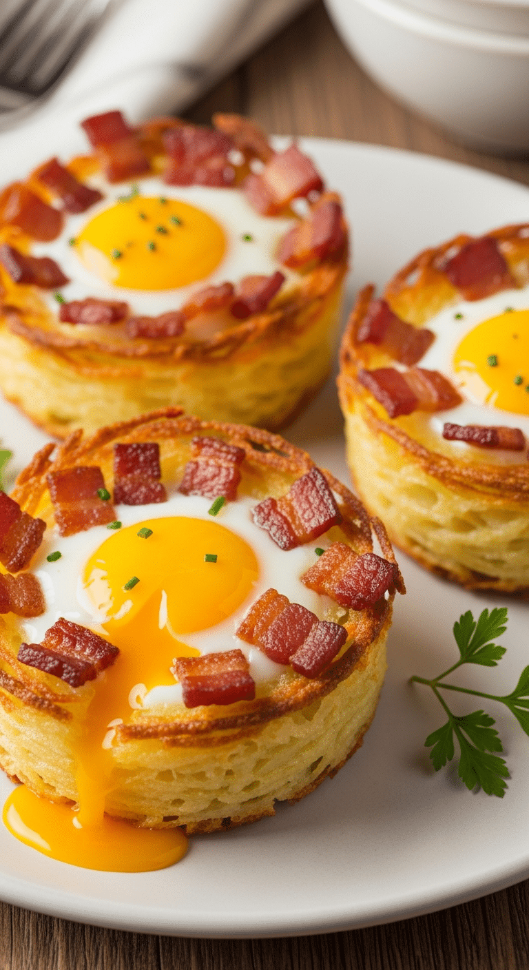 Nids pommes terre œufs lardons croustillants jaune coulant fondant