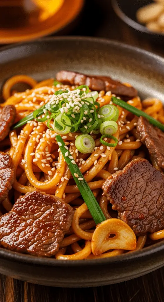 Nouilles épicées bœuf ail intense asiatique fumant vibrant