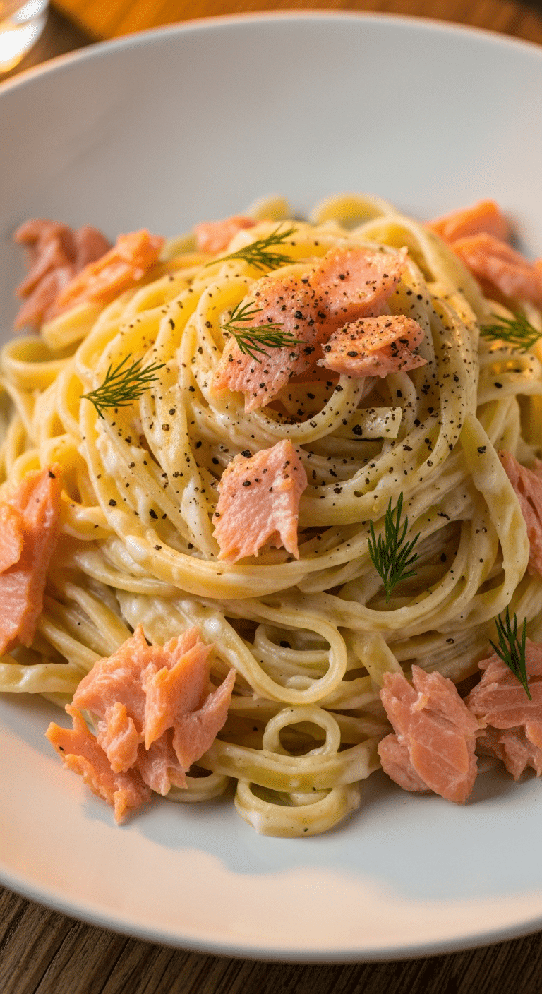 Nouilles ruban saumon fumé sauce fromage frais crémeuse avec aneth