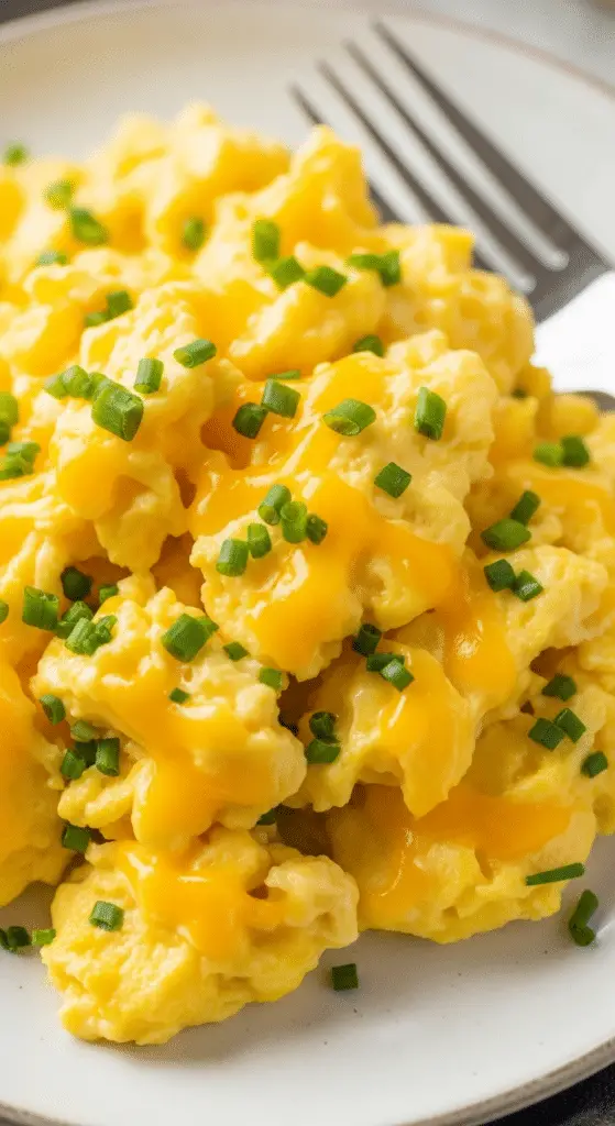 Œufs brouillés crémeux fromage ciboulette texture veloutée luxueuse