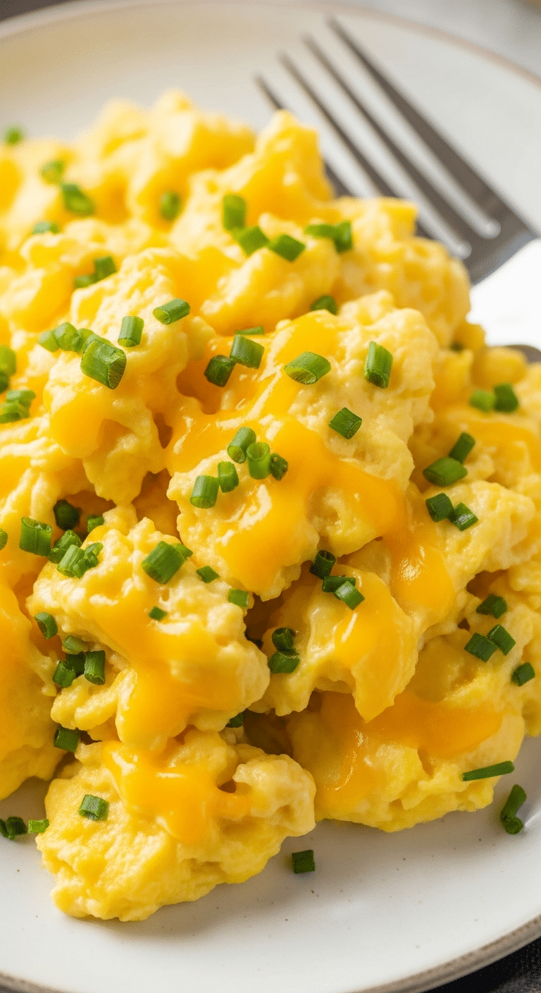 Œufs brouillés crémeux fromage ciboulette texture veloutée luxueuse