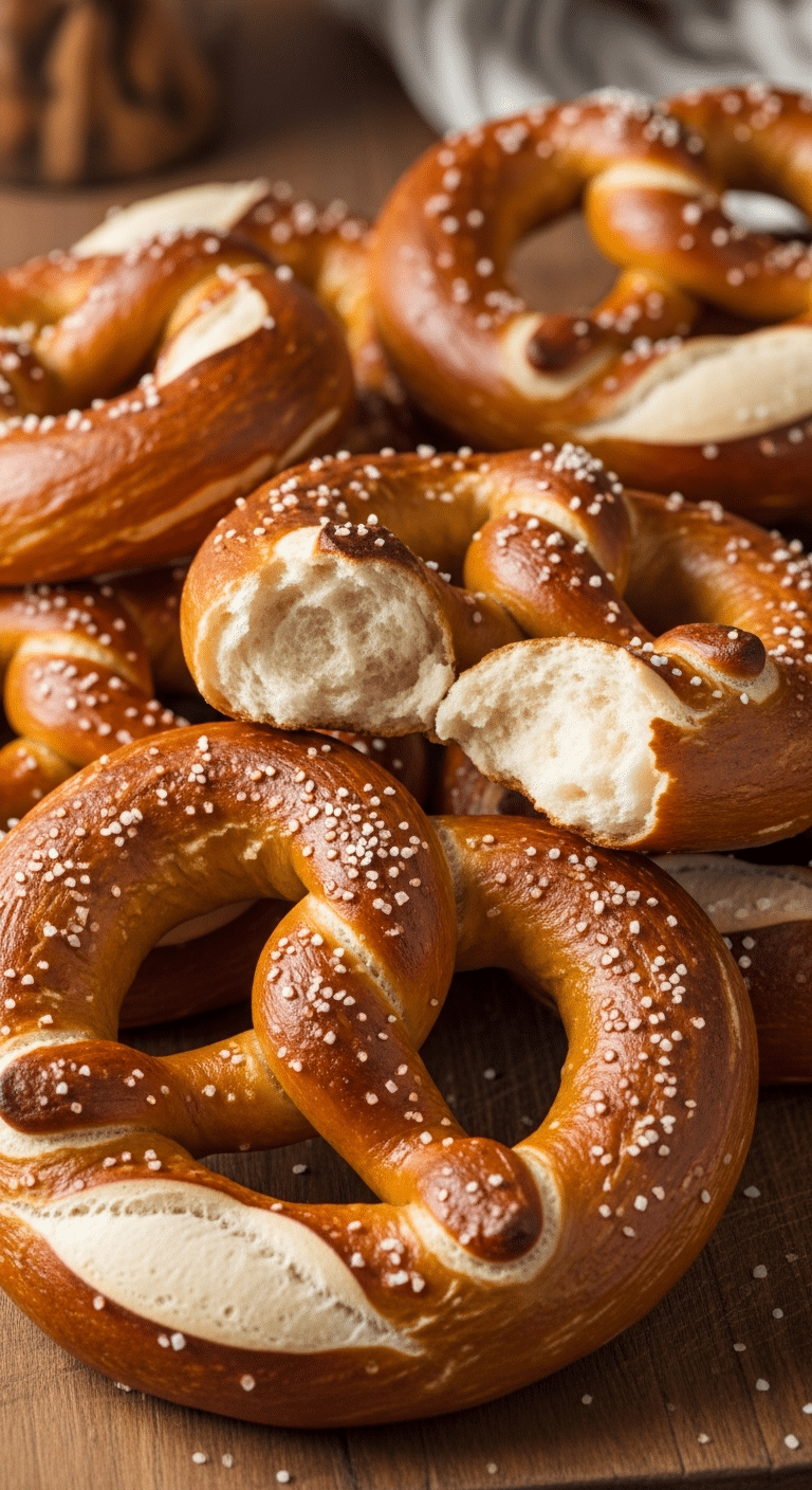 Pains bretzel maison moelleux dorés avec croûte brillante et gros sel