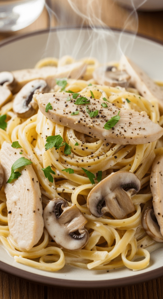 Pâtes crémeuses poulet champignons sauce onctueuse réconfortante familiale