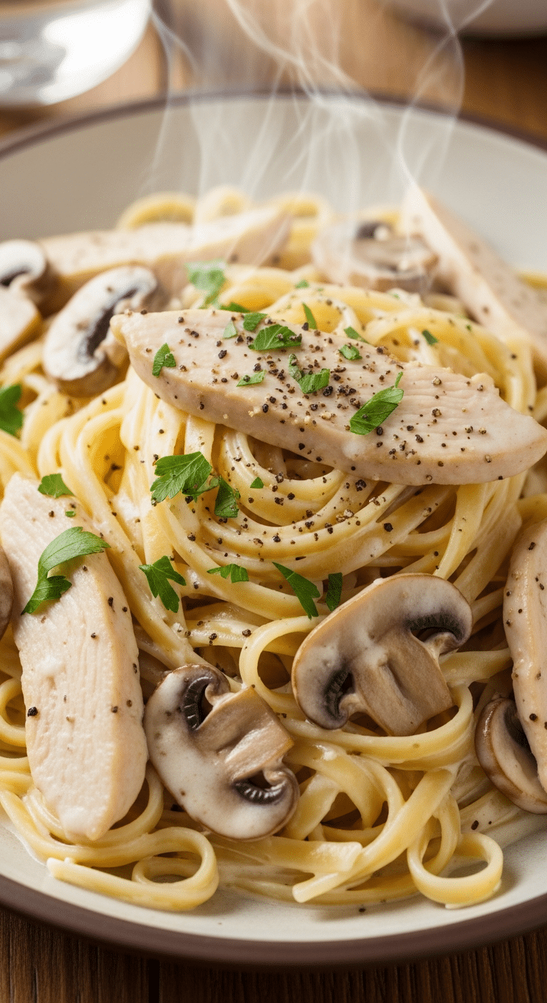 Pâtes crémeuses poulet champignons sauce onctueuse réconfortante familiale