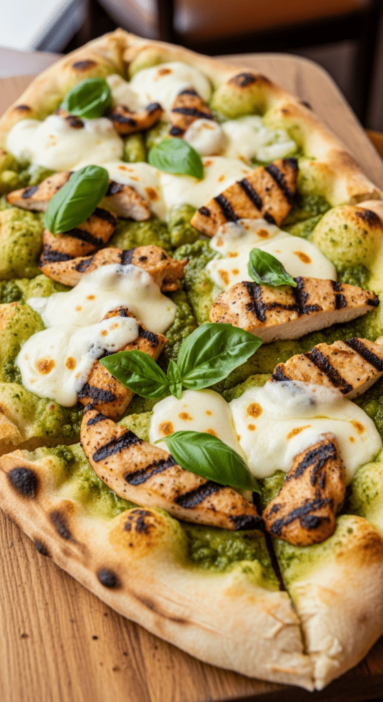 Pinsa pesto poulet grillé mozzarella croustillante romaine appetissante