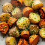 Pommes de terre rôties bicolores jaunes et violettes avec sésame et ciboulette