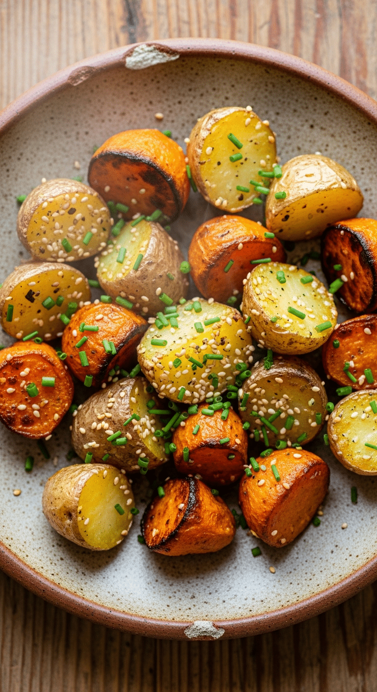 Pommes de terre rôties bicolores jaunes et violettes avec sésame et ciboulette