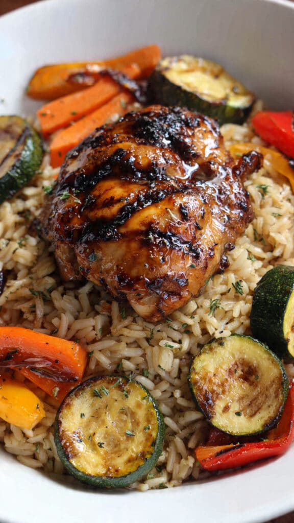 Poulet grillé au miel tranché sur riz pilaf avec légumes rôtis colorés