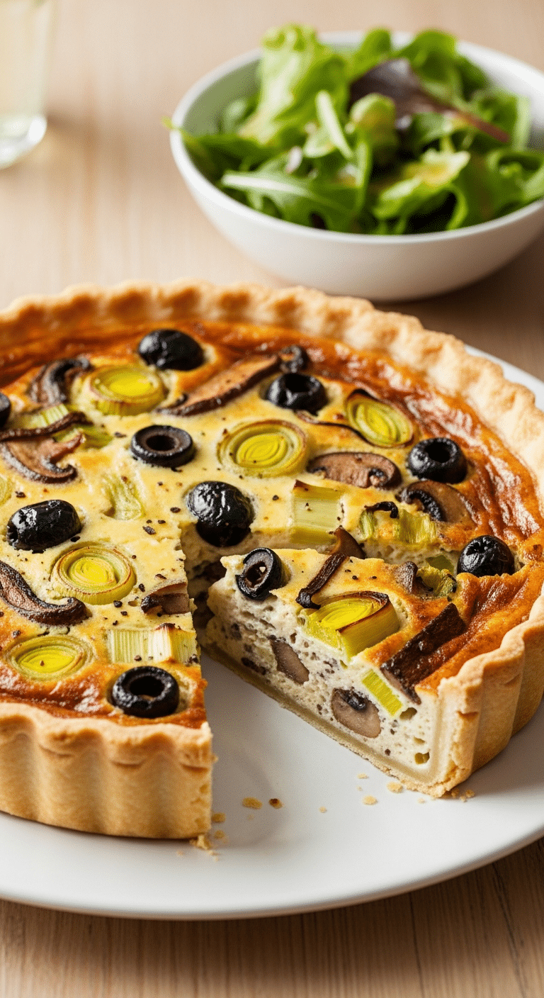 Quiche poireaux champignons olives noires dorée crémeuse française