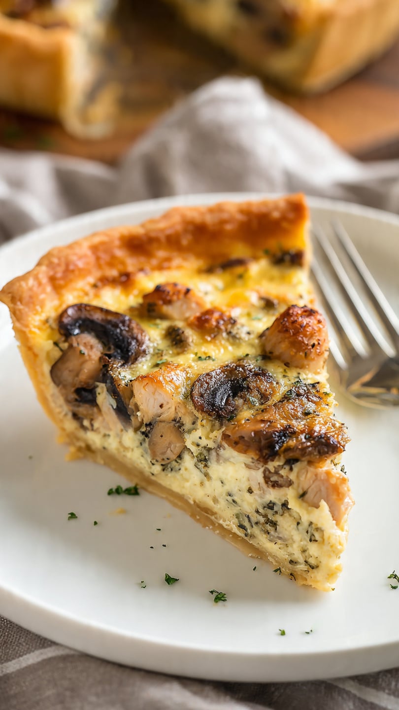 Quiche au poulet champignons fromage avec croûte dorée croustillante tranchée