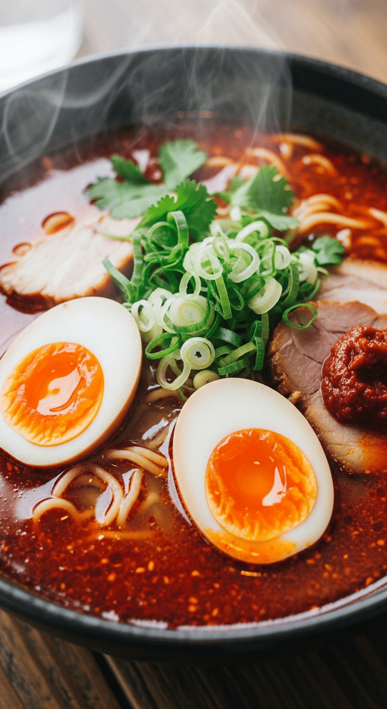Ramen bouillon épicé œufs marinés jaunes coulants fumant bol japonais