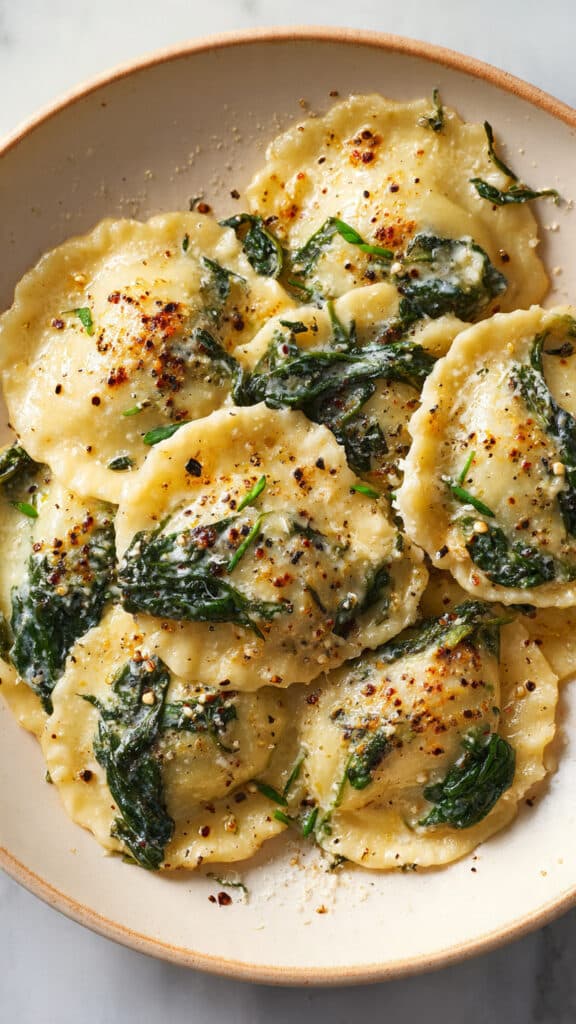 Raviolis poêlés ricotta épinards dorés beurre parmesan trattoria italienne