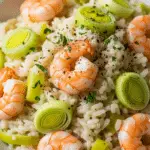 Risotto crémeux crevettes poireaux élégant italien raffiné sophistiqué