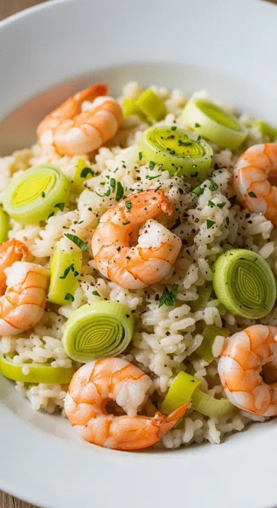 Risotto crémeux crevettes poireaux élégant italien raffiné sophistiqué