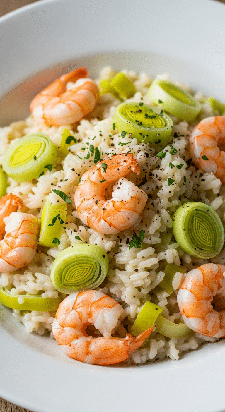Risotto crémeux crevettes poireaux élégant italien raffiné sophistiqué