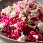 Riz basmati betterave feta oignon rouge rose-violet spectaculaire coloré