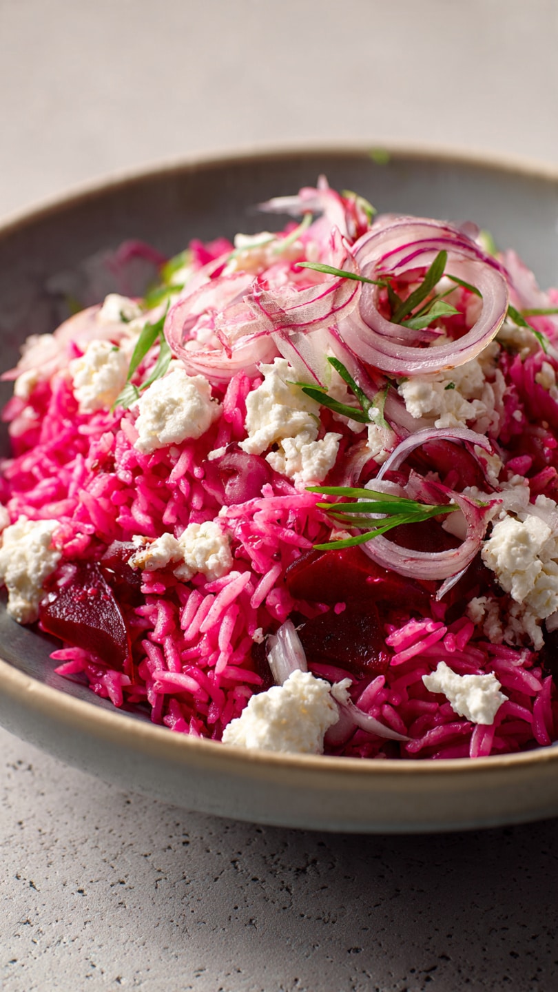 Riz basmati betterave feta oignon rouge rose-violet spectaculaire coloré