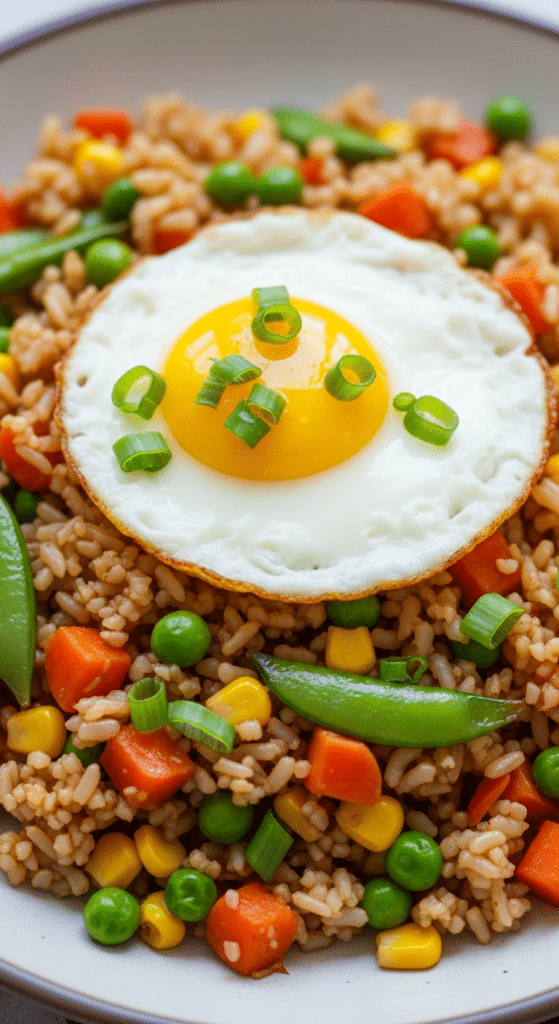 Riz sauté complet aux légumes colorés avec œuf au plat coulant dessus
