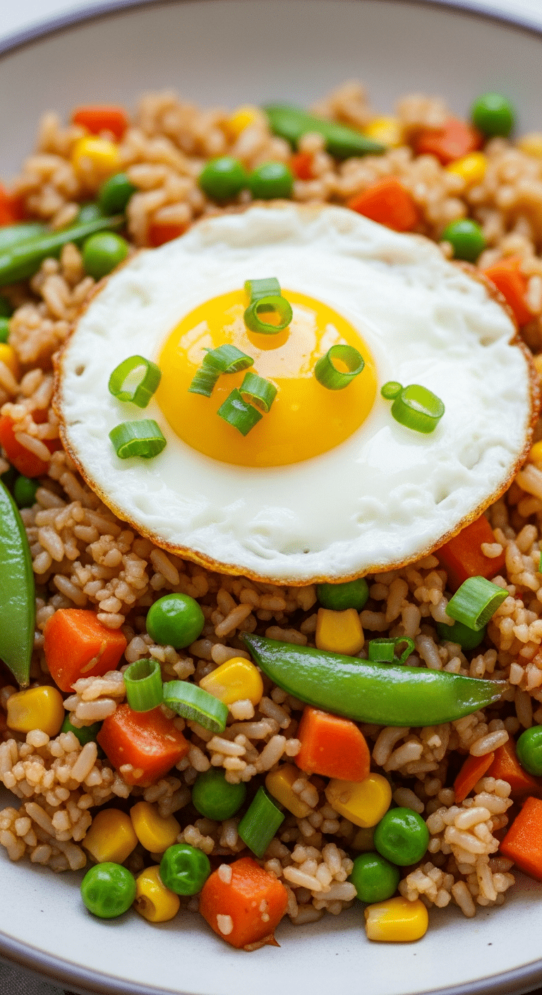 Riz sauté complet aux légumes colorés avec œuf au plat coulant dessus