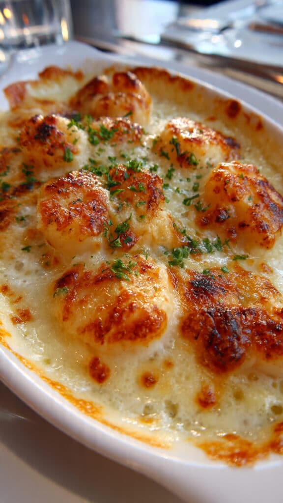 Saint-Jacques gratinées crème fromage croûte dorée coquilles naturelles
