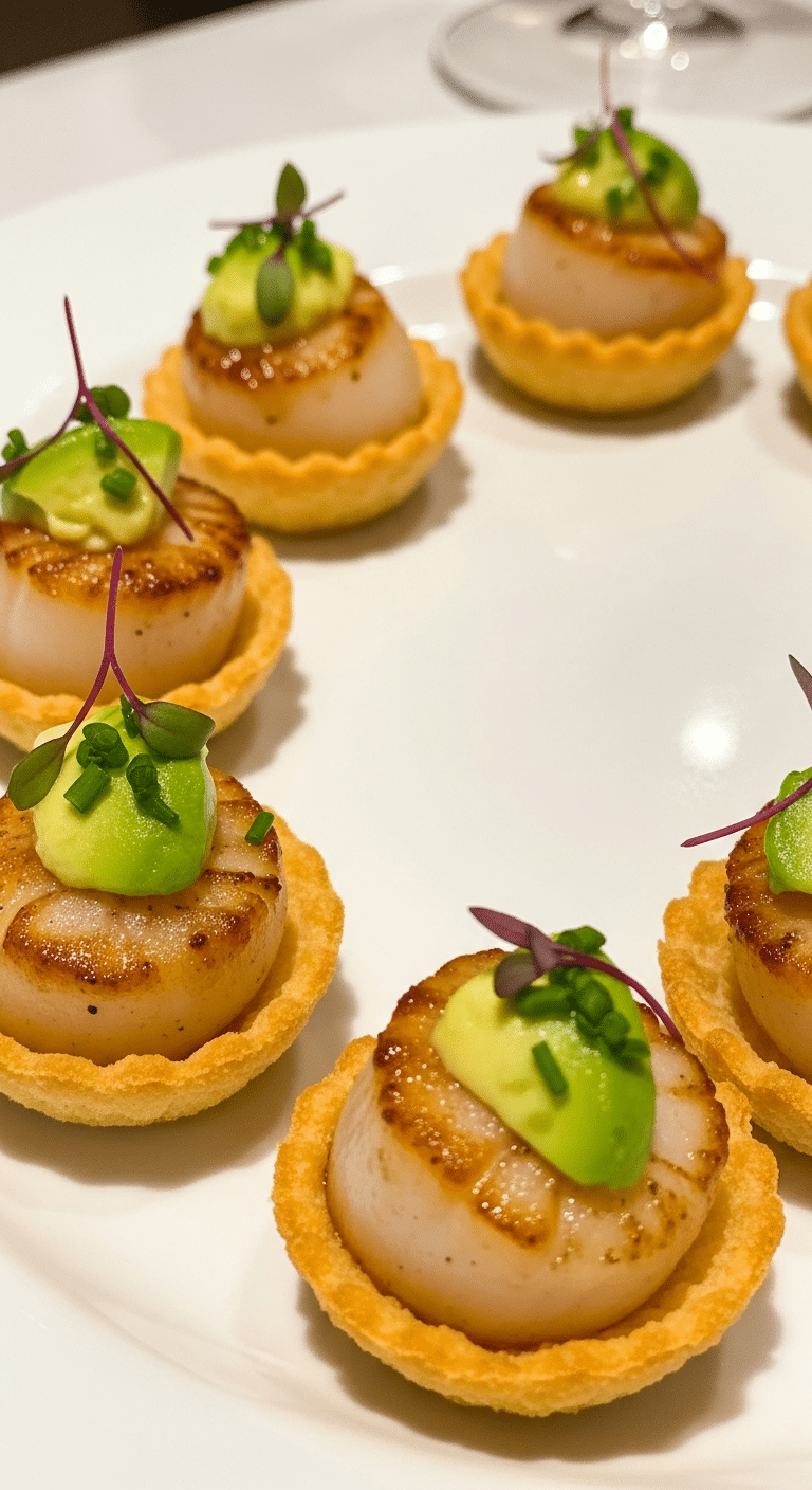 Saint-Jacques saisies dorées mini-coupes croustillantes crème avocat élégantes