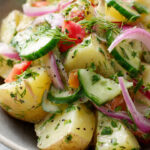 Salade pommes terre estivale vinaigrette moutardée oignon rouge ciboulette fraîche