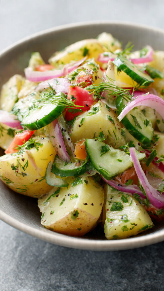 Salade pommes terre estivale vinaigrette moutardée oignon rouge ciboulette fraîche