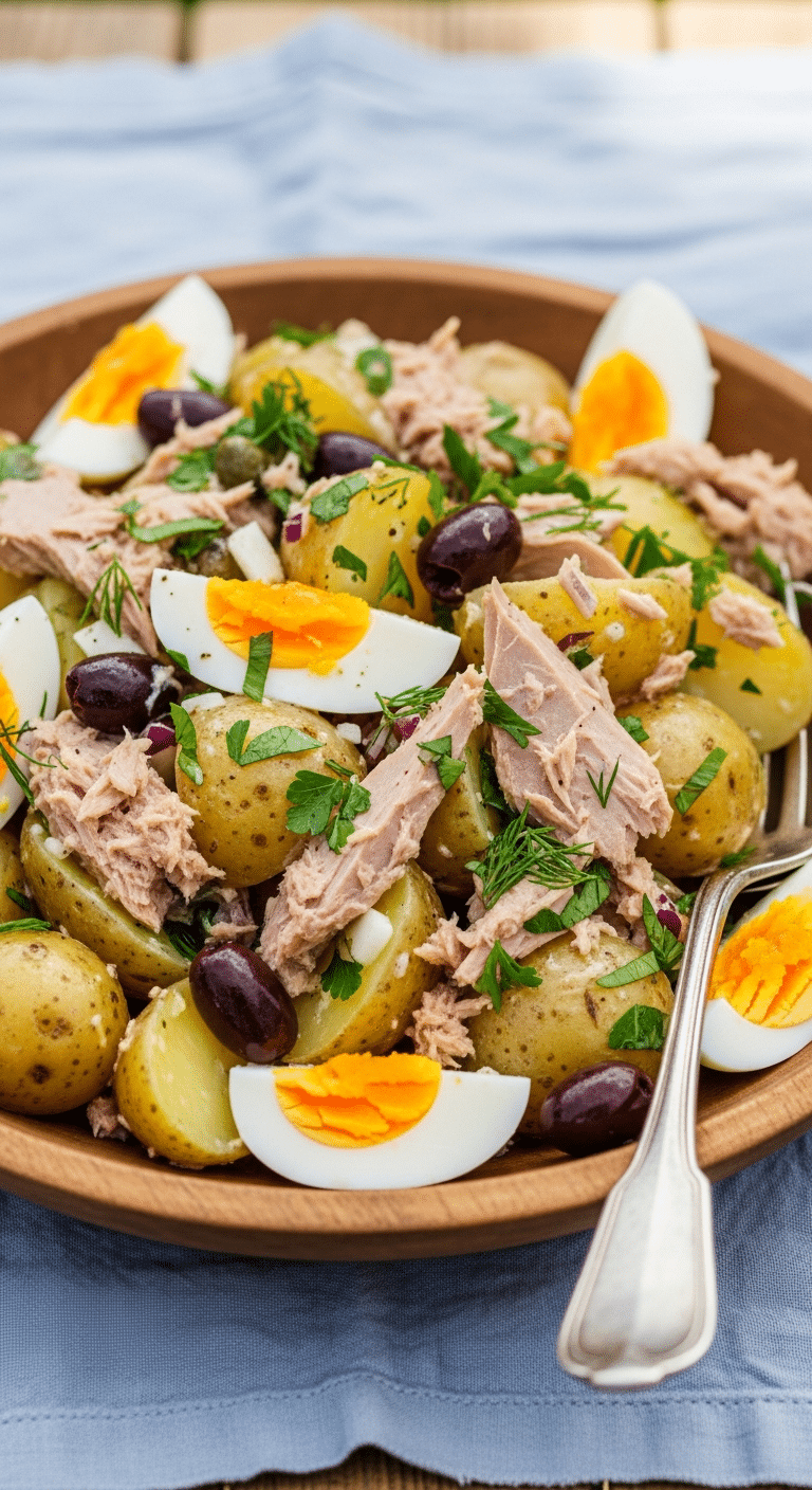 Salade pommes terre thon œufs olives classique familiale crémeuse