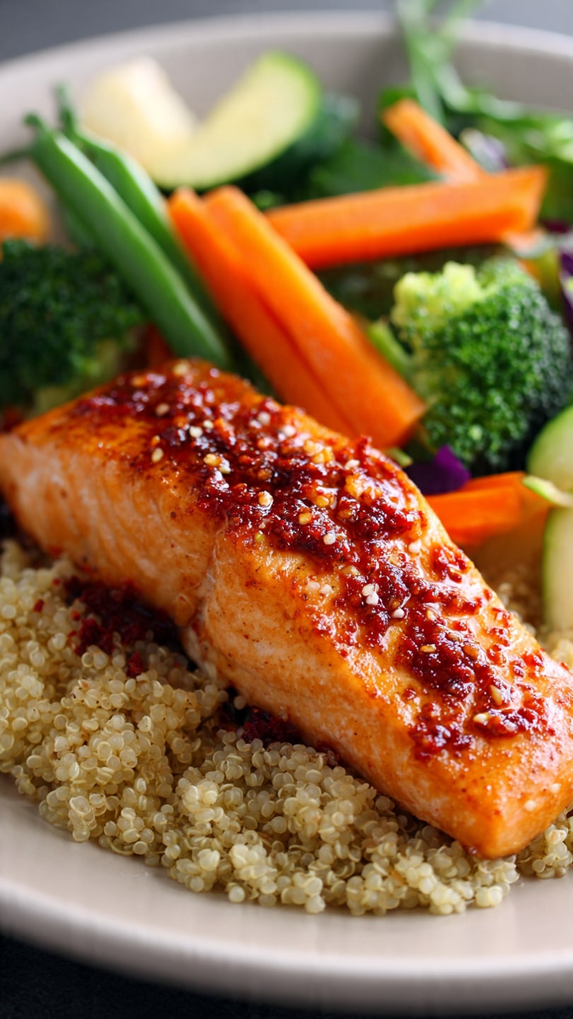 Saumon épicé quinoa légumes vapeur bowl healthy coloré équilibré