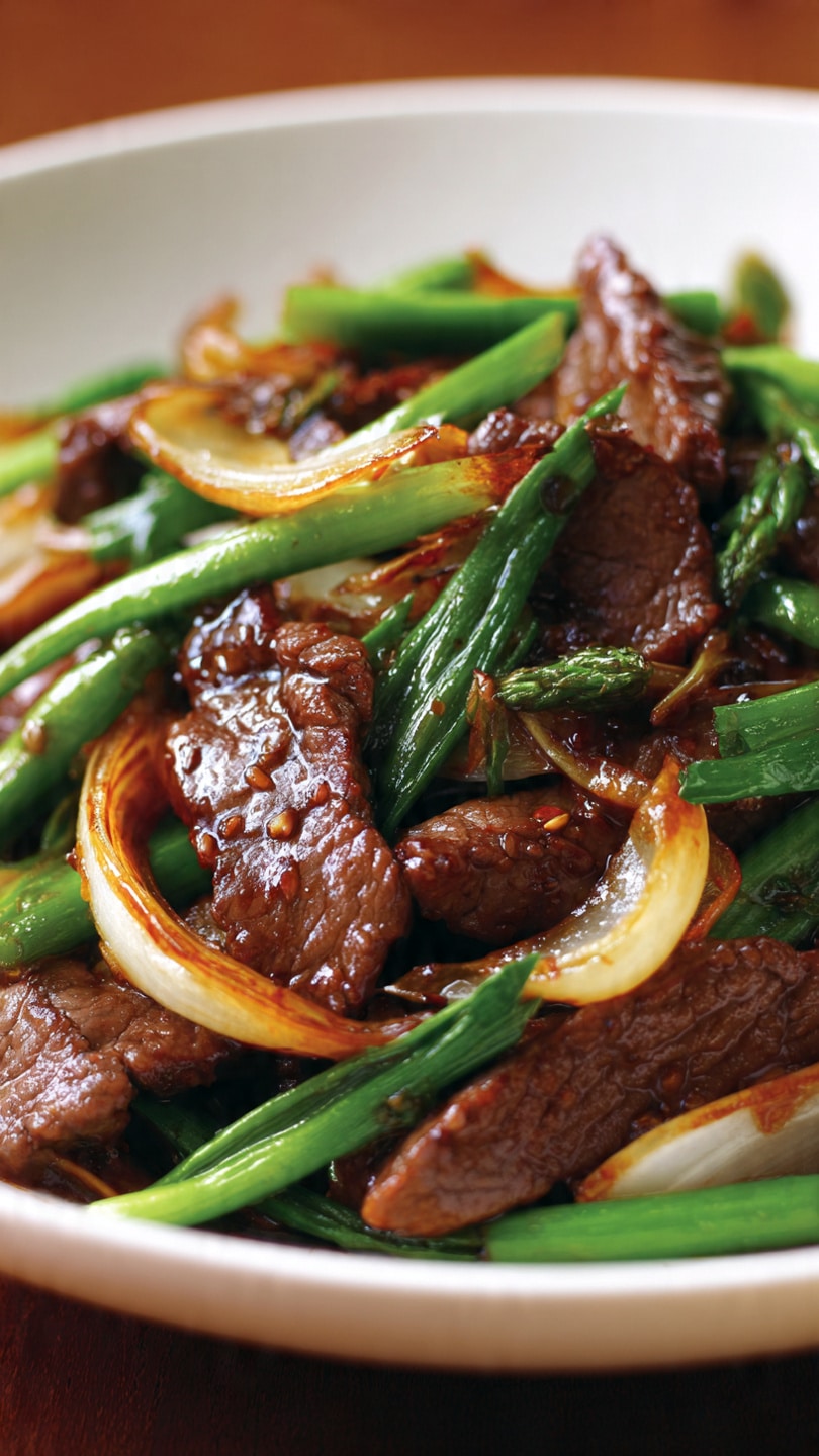 Sauté bœuf oignons chinois wok authentique fumant vibrant