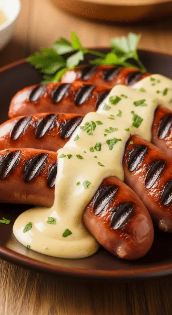 Andouillettes sauce moutarde servies avec frites et persil frais