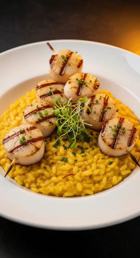 Service élégant brochettes Saint-Jacques risotto safran assiettes blanches