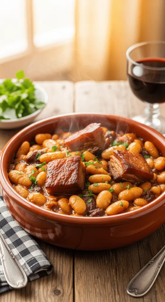 Service traditionnel cassoulet rustique haricots porc assiettes creuses