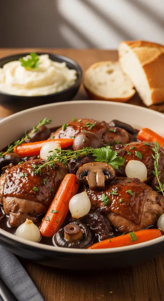 Service traditionnel coq au vin bourguignon assiettes rustiques françaises
