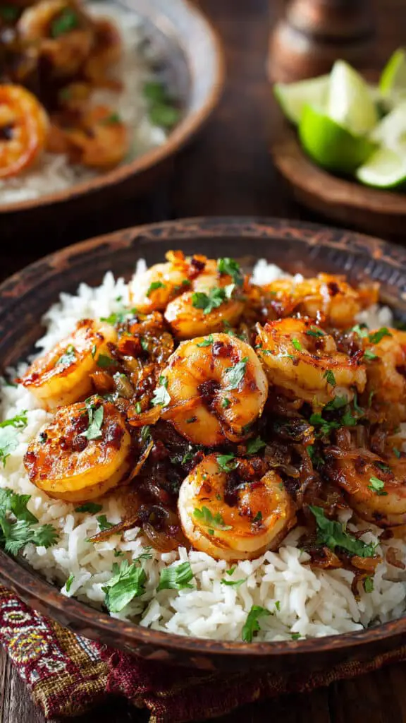 Service élégant crevettes oignons confits épices riz bols orientaux