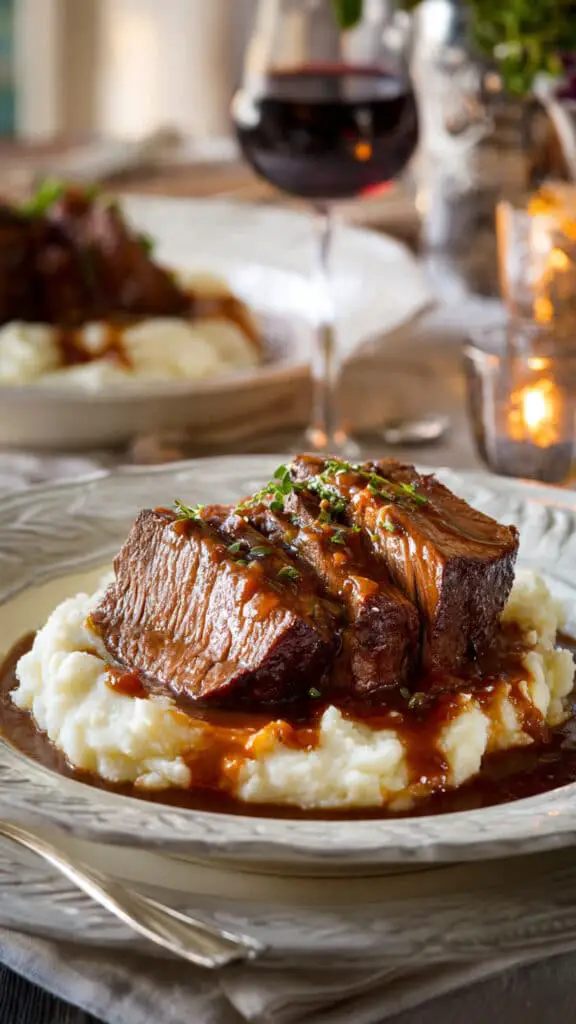 Service généreux festin rôti braisé purée pommes terre assiettes
