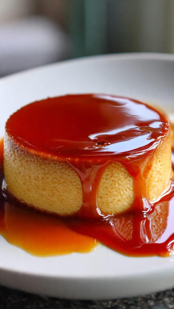 Service élégant flan caramel fondant démoulé assiette blanche