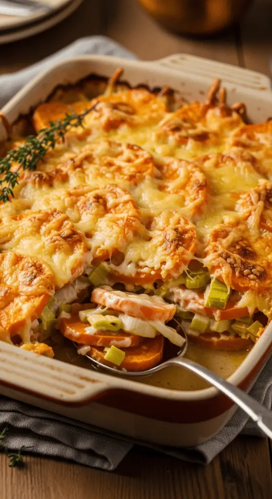 Portion gratin poireaux patates douces servie avec salade verte fraîche