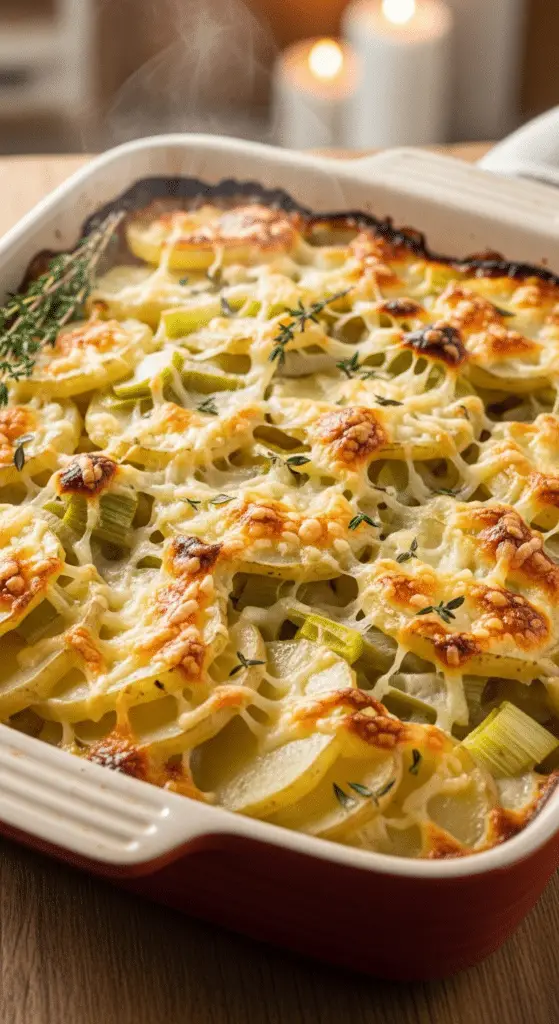 Portion gratin pommes terre poireaux servie avec salade verte fraîche