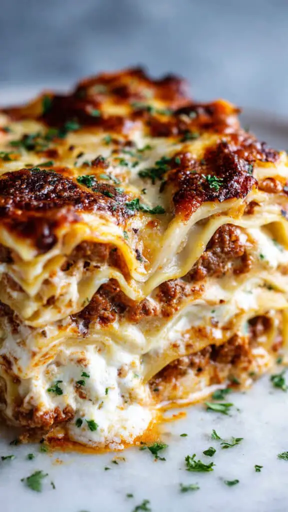 Service généreux lasagnes bœuf ultra gratinées assiettes italiennes