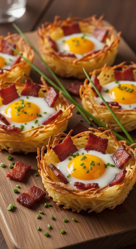 Service élégant nids pommes terre œufs lardons assiettes blanches