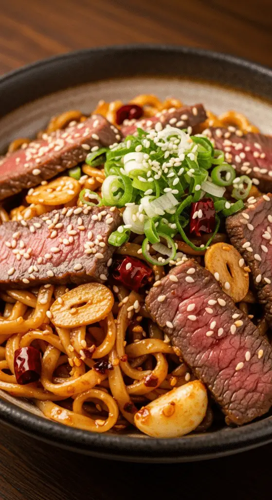 Service traditionnel nouilles épicées bœuf ail bols asiatiques