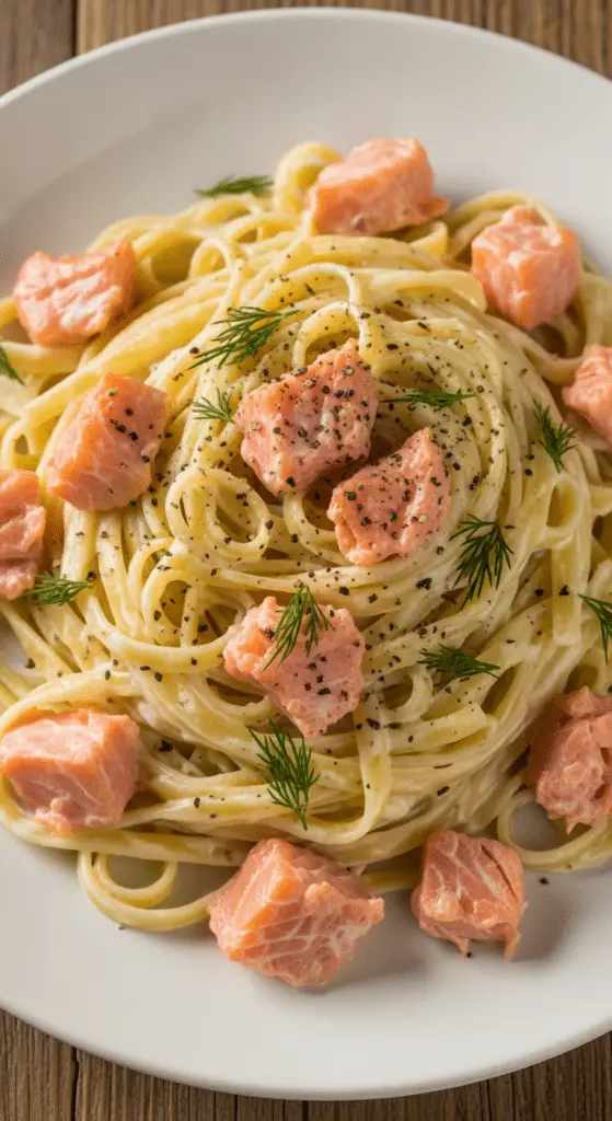 Nouilles ruban saumon fumé servies élégamment avec aneth frais