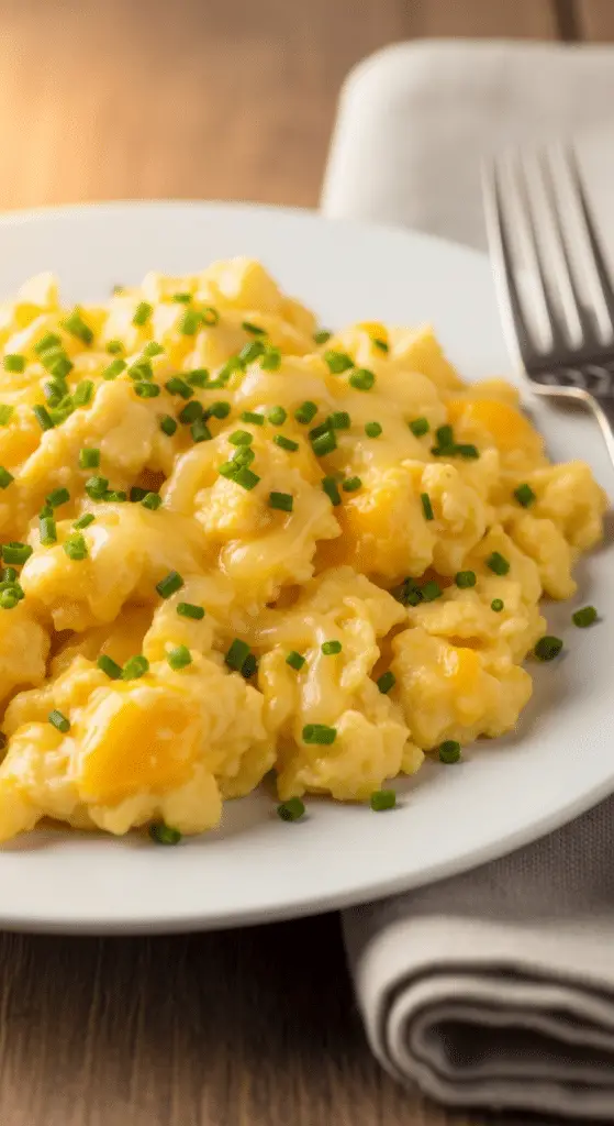 Service élégant œufs brouillés crémeux fromage ciboulette bols