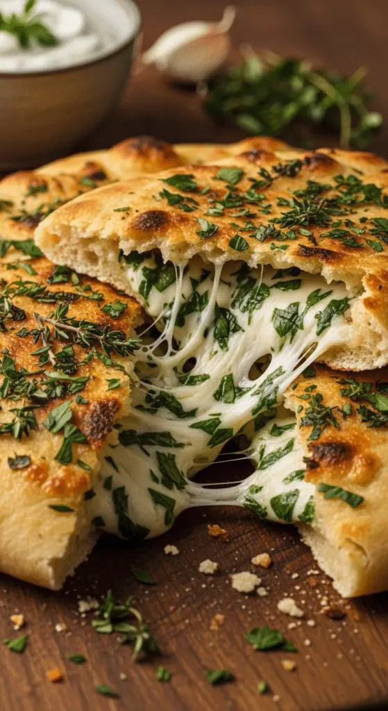 Service élégant pain plat farci fromage fondant herbes planche