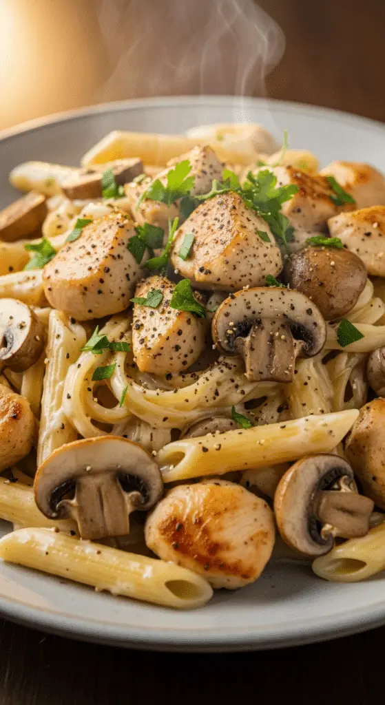 Service généreux pâtes crémeuses poulet champignons plat familial