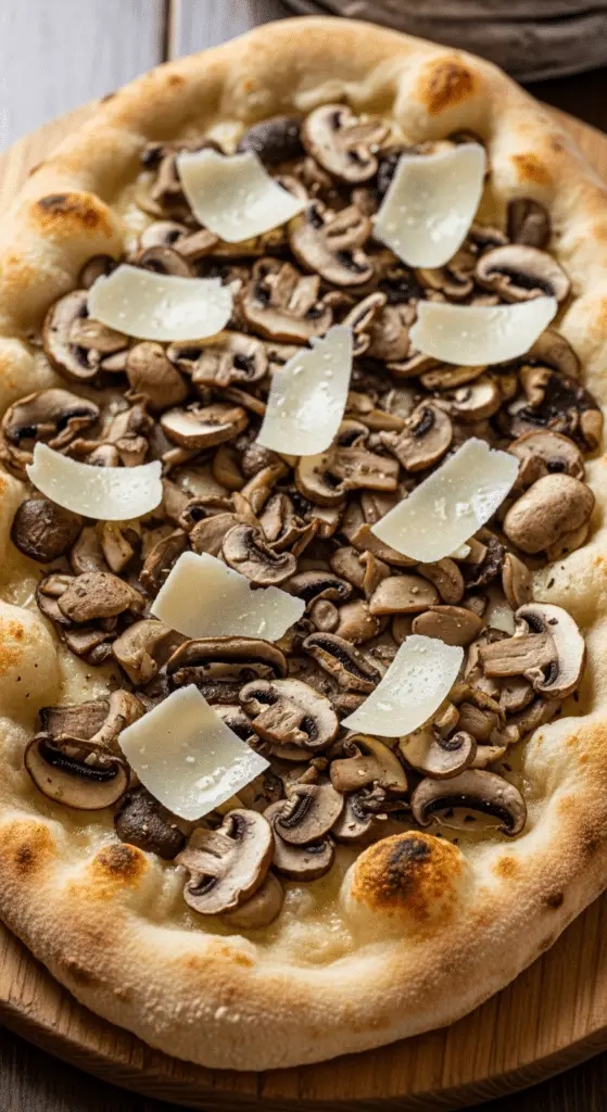 Service élégant pinsa blanche champignons parmesan planche bois