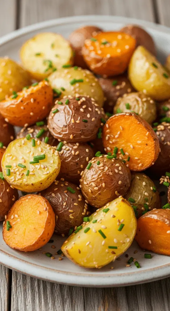 Pommes de terre rôties bicolores servies dans plat blanc avec ciboulette